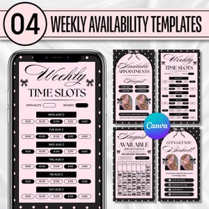 May include: A set of four digital weekly availability templates for social media, featuring a pink and black polka dot theme with bow accents. The text includes Weekly Time Slots, Available Appointments, August, and Let's Get You Booked.