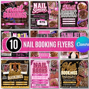 May include: A collection of ten digital nail booking flyers featuring pink, black, and gold color schemes with leopard print accents. The designs include text such as Nail Bookings, Nail Special, and 75 Nail Set Deal, alongside images of manicured nails.