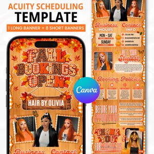 May include: A digital Acuity scheduling template featuring a fall-themed design with orange leaves, pumpkins, and plaid patterns. The layout includes text such as FALL BOOKINGS OPEN, HAIR BY OLIVIA, and sections for business hours, contact info, and policies.