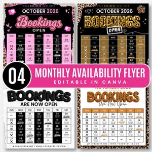May include: Four digital monthly availability flyers for October 2026, featuring calendar grids with time slots, leopard print accents, pink and black color schemes, and bold text reading Bookings Open and Bookings Are Now Open for business scheduling.