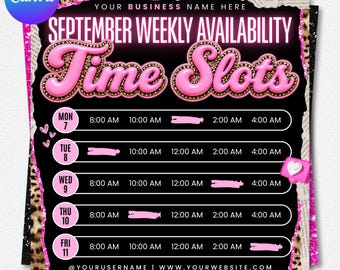 Weekly Availability Flyer Template, Editable Canva Appointment Time Slots, Beauty Booking Calendar (Digital Download)