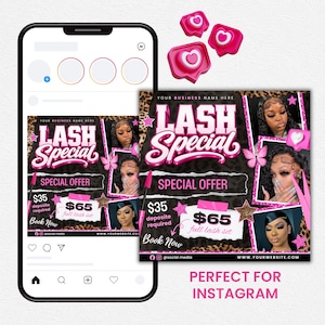 May include: A digital marketing flyer for a lash business displayed on a smartphone screen. The flyer features the text LASH Special, SPECIAL OFFER, $35 deposit required, and $65 full lash set, alongside photos of a person with eyelash extensions.