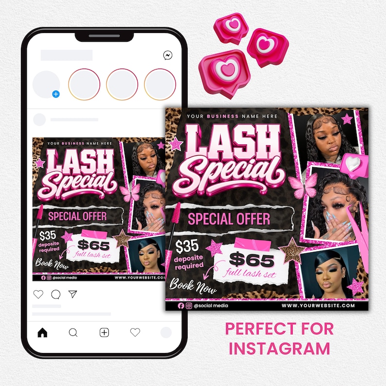May include: A digital marketing flyer for a lash business displayed on a smartphone screen. The flyer features the text LASH Special, SPECIAL OFFER, $35 deposit required, and $65 full lash set, alongside photos of a person with eyelash extensions.