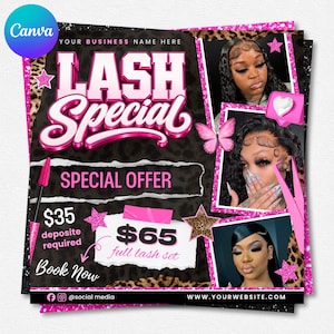 May include: A promotional flyer for a lash business featuring the text LASH SPECIAL, SPECIAL OFFER, $35 deposit required, $65 full lash set, and Book Now. The design includes leopard print, pink glitter accents, a butterfly, and three photos of individuals.