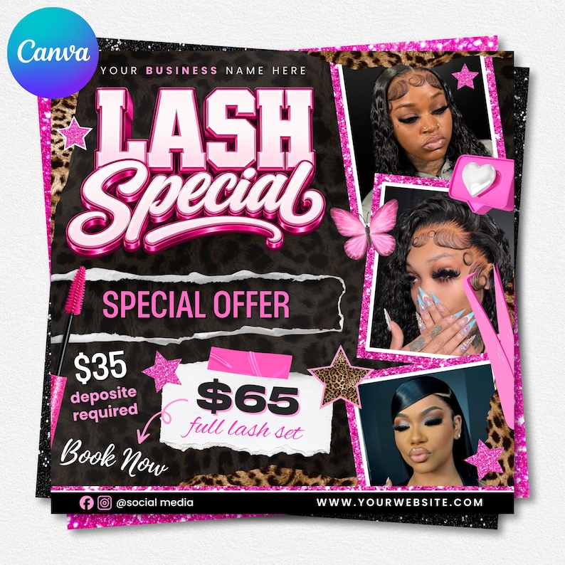 May include: A promotional flyer for a lash business featuring the text LASH SPECIAL, SPECIAL OFFER, $35 deposit required, $65 full lash set, and Book Now. The design includes leopard print, pink glitter accents, a butterfly, and three photos of individuals.