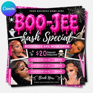 Puede incluir: Un folleto promocional cuadrado con fondo negro que presenta el texto rosa goteante BOO-JEE, las palabras Lash Special y BOOKINGS ARE NOW OPEN. Incluye cuatro fotografías de personas con extensiones de pestañas, un icono de calavera y espacios para detalles comerciales.