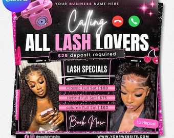 Calling All Lash Lovers, Lash Booking Flyer, Editable Canva New Client Template for MUA