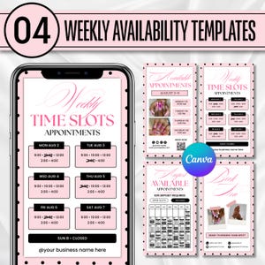Op de afbeelding: Een set van vier digitale sjablonen voor wekelijkse beschikbaarheid voor het plannen van afspraken, met een roze en zwart kleurenschema en stippenranden. De ontwerpen bevatten tekst zoals Weekly Time Slots en Book Now.
