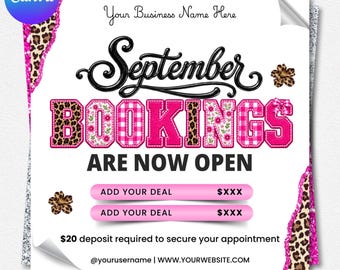 September Booking Template, Fall Books Open Flyer for Wig Lash Nail Braids, Editable Canva