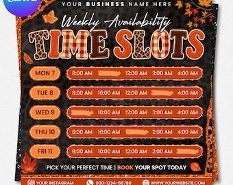 Fall Season Weekly Availability Flyer Template, Canva Appointment Time Slots, Booking Calendar (Digital Download)