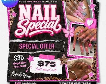 Editable Nail Booking Flyer Template, Nail Tech Appointment Promotion, Beauty Salon Canva Digital Download
