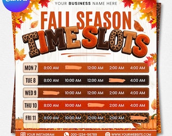 Fall Season Weekly Availability Flyer Template, Canva Appointment Time Slots, Booking Calendar (Digital Download)