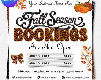 Fall Season Booking Flyer Template, September Appointments, Hair Lash Nail Canva (Digital Download)