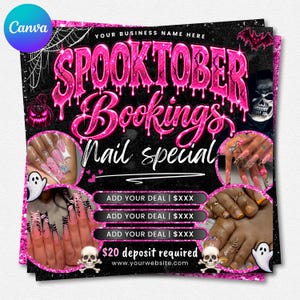 May include: A digital flyer for nail services featuring the text SPOOKTOBER BOOKINGS Nail special. The design includes pink glittery dripping text, skull and ghost graphics, and three circular photo inserts showing manicured and pedicured nails.