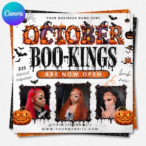 May include: A Halloween-themed flyer with the text OCTOBER BOO-KINGS ARE NOW OPEN. It features three photos of individuals with different hair colours, surrounded by pumpkins, ghosts, bats, and spiders on a textured white and orange background.