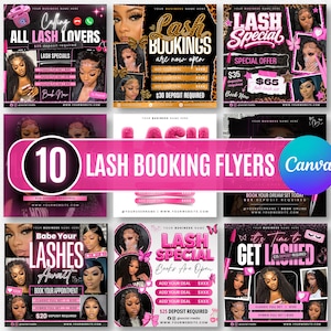 May include: A collection of ten digital lash booking flyers featuring pink and black color schemes, bold typography, and photographic portraits of individuals with eyelash extensions. The designs include text fields for business names, service pricing, and booking details.