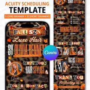 May include: A digital Acuity scheduling template featuring a leopard print background with autumn leaves. The design includes sections for hair stylist information, hours, contact details, booking policies, and client results, all styled with orange text.