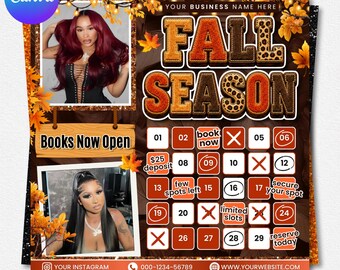 Editable Fall Booking Calendar Flyer, September Appointments, Hair Lash Nail Canva Template (Digital Download)