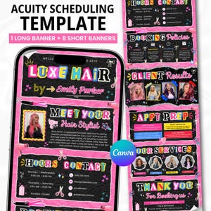 May include: A digital Acuity scheduling template for a hair stylist featuring a black and pink color scheme with text including Luxe Hair by Emily Parker, Meet Your Hair Stylist, Hours Contact, Booking Policies, Client Results, and Appt Prep.