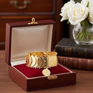 May include: A gold-toned coin bracelet featuring a series of circular medallions linked together, with one larger circular charm hanging from the center. The bracelet is displayed inside an open wooden box with a deep red velvet interior lining.