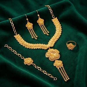 May include: A gold jewelry set consisting of a necklace with a leaf-patterned chain and a large floral pendant, a matching bracelet with a central flower, two dangling floral earrings, and a single ring featuring a matching flower design.