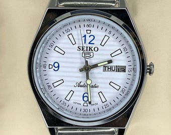 Refurbished Seiko 5 Vintage Automatic Watch: White Dial, Day/Date, 36mm Steel Men's Wristwatch