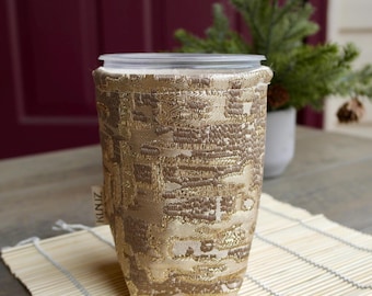 Cup Cozy – Golden Amber | Luxe Coffee Sleeve | Metallic Fabric Cup Holder | Reusable Gift
