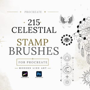 May include: A digital collection of 215 celestial stamp brushes for Procreate and Photoshop featuring black line art illustrations of dreamcatchers, planetary rings, moon phases, suns, and wings on a light background with the text 215 CELESTIAL STAMP BRUSHES.