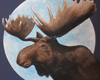 Full Moon Moose, Large Original Painting, 36 X 36 inches, Acrylic on Canvas, Perfect for Den, Over the Fireplace Mantle