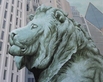 Chicago, Big Green Lion, Original Painting, 36 x 36 in. Large Art for Home or Office