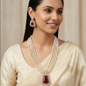 Elegante set di collana a strati di perle con pendente rosso rubino / Set di gioielli da sposa indiani / Collana e orecchini in stile Kundan, regalo di nozze
