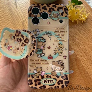 Schattig MagSafe-hoesje met luipaardprint en shaker-standaard, kawaii bruin Gyaru-kattenknuffelhoesje voor iPhone 17 16 15 14 13 Pro Max