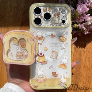 Yellow Bakery MagSafe Case with Toast Shaker Stand, Kawaii Cross Mouth Bunny Bread Party Cover For iPhone 17 16 15 14 13 Pro Max