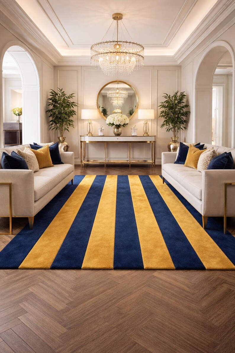 Blue Gold Striped Hand-tufted Area Rug, Modern Abstract Carpet - Etsy