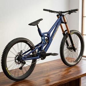 May include: A blue Santa Cruz V10 mountain bike with black tires and a black seat. The bike has gold-colored suspension forks and yellow accents on the tires. The bike is displayed on a wooden surface.
