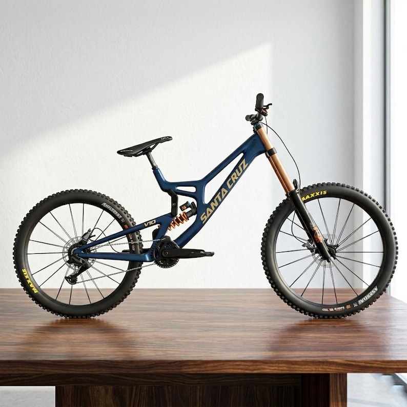 May include: A blue Santa Cruz V10 mountain bike with black tires and a black seat. The bike has gold lettering and accents, and is displayed on a wooden table. The tires have the word "MAXXIS" in yellow.