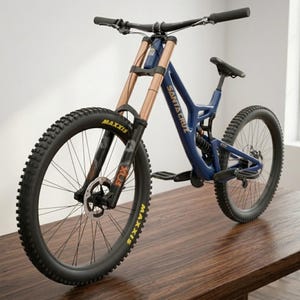 May include: A blue and copper mountain bike with the text "SANTA CRUZ" on the frame. The bike has black tires with yellow lettering, a black seat, and a suspension fork. The bike is on a wooden surface.