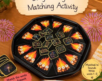 Può includere: Un vassoio ottagonale nero contenente un gioco educativo 'Bonfire Night Matching Activity'. Il vassoio presenta carte con illustrazioni di falò e parole, insieme a carte centrali con icone a linee. Il testo include 'Bonfire Night Matching Activity', 'Match the words to the firework' e 'Matched to Sounds Write units 1-3'.