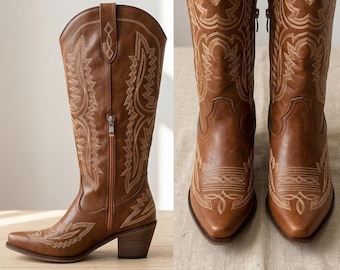 Wide Calf Western Boots, Boho Embroidered Cowgirl Shoes, Plus Size Knee High Boots, 2.36 inch Heel, Vegan Leather Brown Boot, Fashion Gift