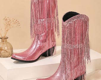 Pink Sequin Cowboy Boots Women Fringe Boots Sparkly Glitter Cowgirl Boots Festival Shoes Statement Party Boots Plus Size Womens Footwear