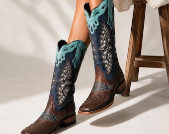 Botas vaqueras bordadas azul y marrón para mujer, botas altas hasta la rodilla de estilo western, botas de montar con punta cuadrada y tacón grueso, botas vaqueras vintage de talla grande.