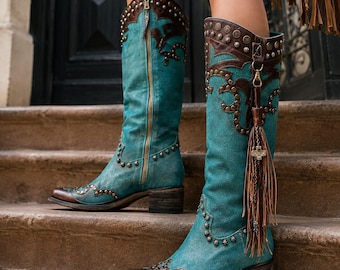 Botas vaqueras estilo boho western para mujer, botas turquesa con flecos, botas altas con tachuelas, botas vaqueras vintage, botas de moda de caña ancha y talla grande.