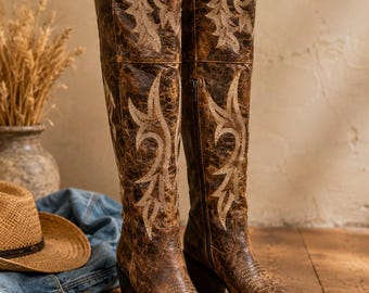 Women’s Embroidered Western Tall Boots, Vintage Cowboy Boots, PU Leather Knee High Boots, Warm Cotton Lined Riding Boots, Plus Size Fashion