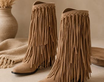 Genuine Leather Fringe Boots for Women, Boho Western Cowboy Boots, Soft Sheepskin Suede Tassel Boots, Mid Calf Boots, Wide Size Available