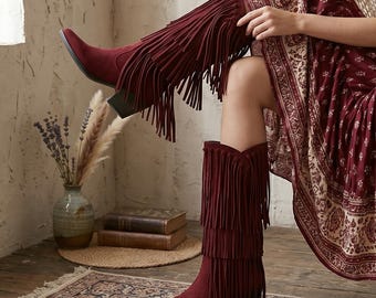 Burgundy Suede Fringe Boots, Boho Mid Calf Western Boots, Tiered Tassel Cowgirl Shoes, Plus Size Festival Footwear, Chunky Block Heel
