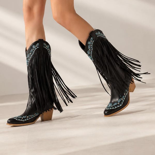 Cowboylaarzen met zwarte franjes voor dames, turkoois geborduurde westernlaarzen van kunstleer, groot formaat cowgirllaarzen, hoge boho-festivalschoenen geschenken