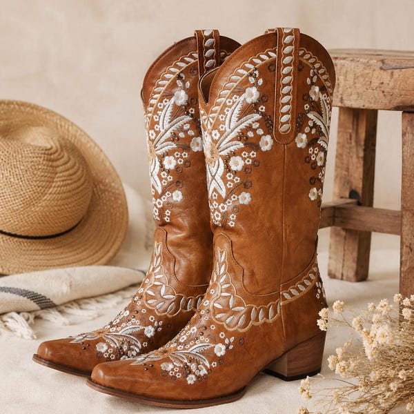 Hohe Lederstiefel für Damen, bestickte Westernstiefel, mit Lammfell gefütterte Winterstiefel, Vintage-Cowgirlstiefel, modische Stiefel in Übergrößen