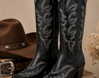 Stivali da cowboy western neri da donna, stivali da cowgirl ricamati al ginocchio, stivali alti alla moda con tacco grosso, stivali da equitazione vintage, stivali taglie forti