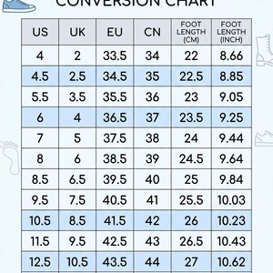 May include: An international shoe size conversion chart with columns for US, UK, EU, and CN sizes, plus foot length in centimetres and inches. The table displays numerical data ranging from US size 4 to 13.5, with corresponding international equivalents.