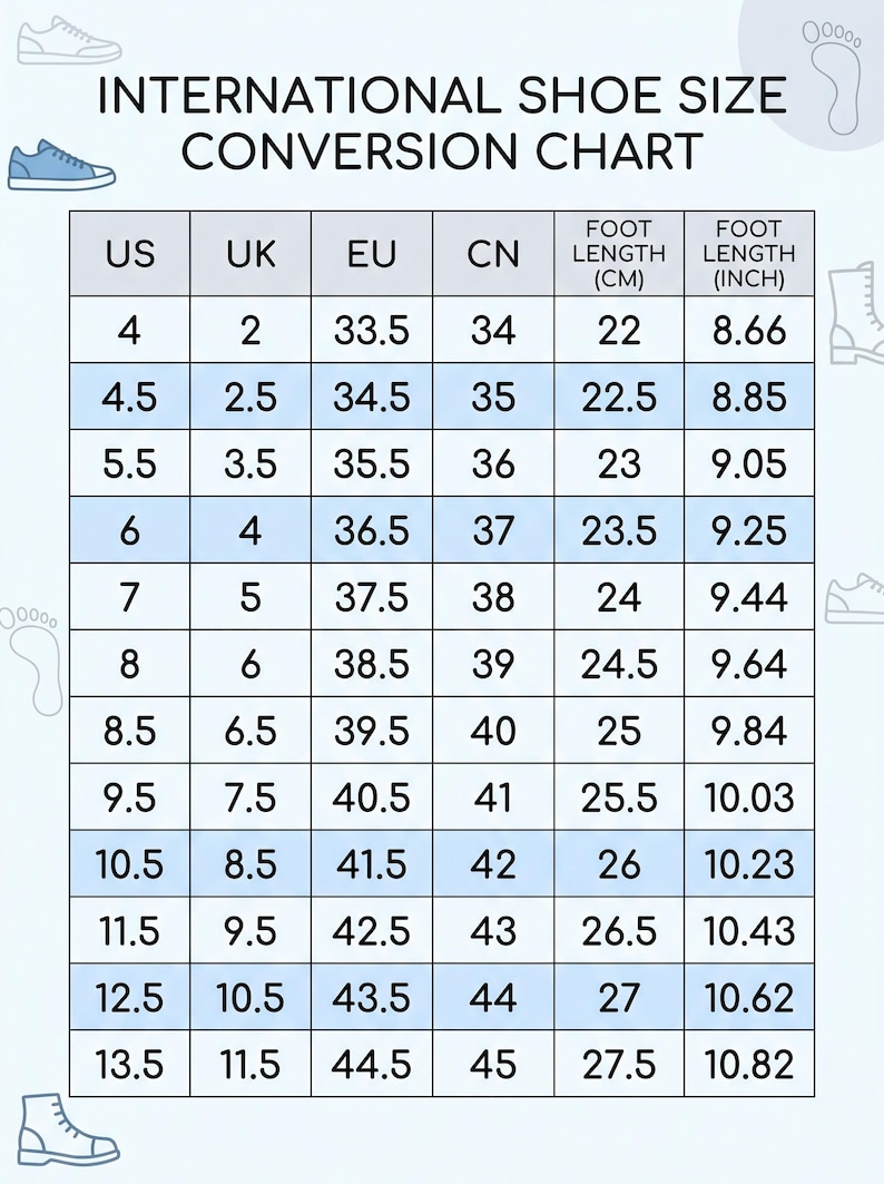 May include: An international shoe size conversion chart with columns for US, UK, EU, and CN sizes, plus foot length in centimetres and inches. The table displays numerical data ranging from US size 4 to 13.5, with corresponding international equivalents.